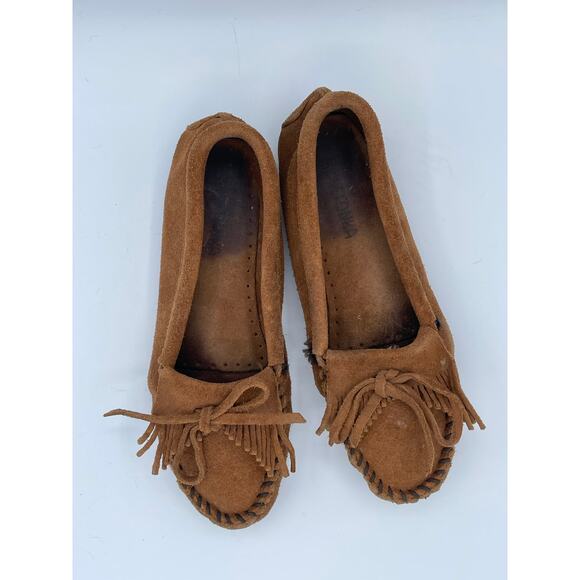 Minnetonka Suede Fringe Moccasins Womens Sz 7.5 Leather Softsole Loafers Slip-On - Picture 1 of 8